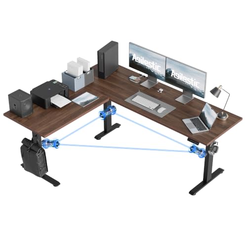 Image of Agilestic 73 x 61 Inch L Shaped Electric Standing Desk, Dark Walnut