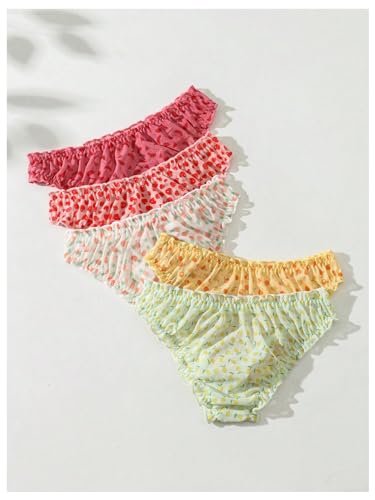 Image of GORGLITTER Women's 5pack Cute Panties Floral Print Low Rise Frilly Panties | Low Waist Underwear Set, Bow Lettuce Trim, Coquette Clothes