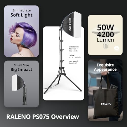 RALENO Softbox Fotostudio Set, 40 x 40 cm Fotolicht mit Stativ und LED Glühbirne (50W, 5500K, 97 CRI), Fotolampe für Porträtfotografie, Game-Streaming, YouTube-Videofotografie