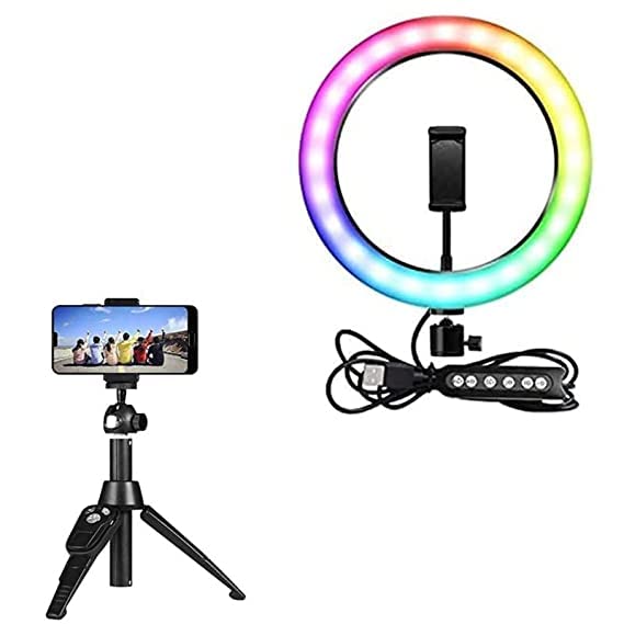 Drumstone RGB Desktop Soft LED Ring Light RGB Colors with Mini Tripod Stand for YouTube with H8 Professional Universal Premium Portable Bluetooth Tripod Selfie Stick Aluminium Rod, Monopod Drumstone RGB Desktop Soft LED Ring Light RGB Colors with Mini Tripod Stand for YouTube with H8 Professional Universal Premium Portable Bluetooth Tripod Selfie Stick Aluminium Rod, Monopod