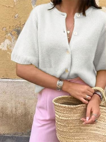 Women Casual Round Neck Short Sleeve Knit Cardigan Sweater Loose Fit Open Front Button Down Crop Sweater Jacket3