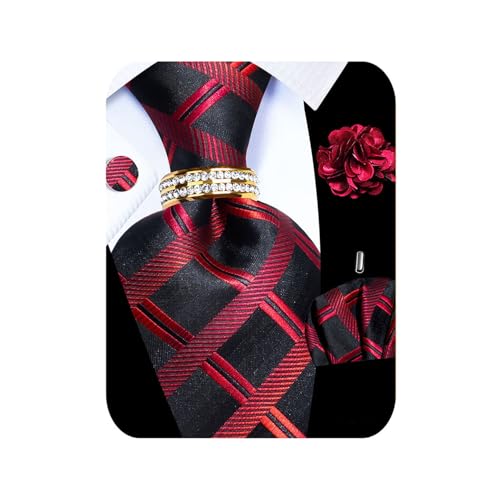 Image of 5PCS Mens Silk Tie, Pocket Square, Cufflinks, Drilled Tie Ring and Lapel Pin Set for Wedding Groom Party