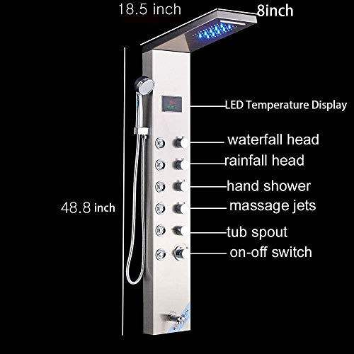 Panel de ducha de acero inoxidable con cabezal lluvia y cascada, pantalla LED, salida para bañera baja y duchador de mano miniatura 6