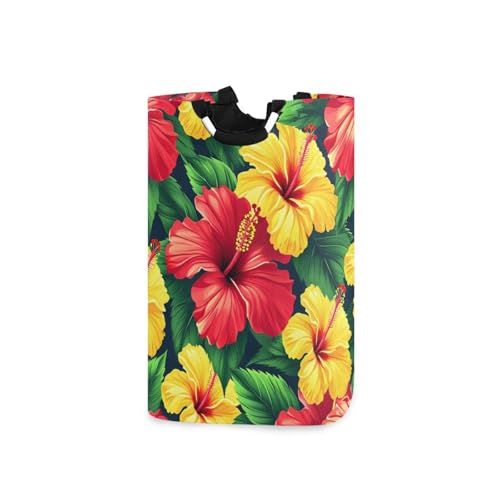 Jihqo Laundry Hamper Basket Red and Yellow Hibiscus Floral Collapsible Nursery Storage Bin Waterproof Clothing Baskets for Home Bedroom Bathroom Washing Room