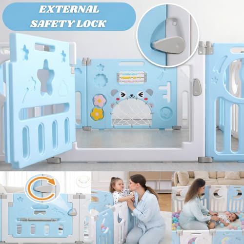 Image of 16 Panel Playpen for Babies Upto 5 Year Foldable Baby Kids Fence Playard Playpen with Mat & Balls Activity Play Yard for Kids Play Area Indoor Setup Fence for Toddlers Outdoor Playarea with Gate(Blue, 6 * 5ft=30sqft)