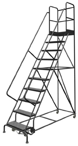 Image of Tri-Arc KDSR110246-D2 10-Step 20 inch Deep Top Steel Rolling Industrial & Warehouse Ladder with Handrails, 24 inch Wide Perforated Tread