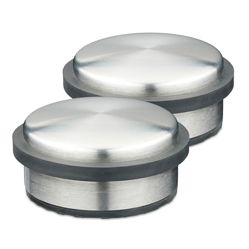 Relaxdays Set of 2 Door Bumpers, Stainless Steel, Hxdiameter : 5 x 10 cm, Flat & Heavy, Non-Slip, Slamming Brakes, Silver/Black