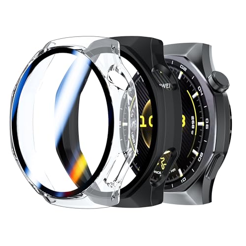 Rojeuinn 2 pezzi Cover Cases per Huawei Watch GT 6 Pro 46mm Custodia protettiva con protezione per lo schermo, 360° Antigraffio Antipolvere Ultra Sottile Custodia protettiva in PC- Nero+Trasparente