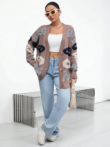 Image of WDIRARA Women's Letter Print Button Open Front V Neck Long Sleeve Cardigan Knit Sweater