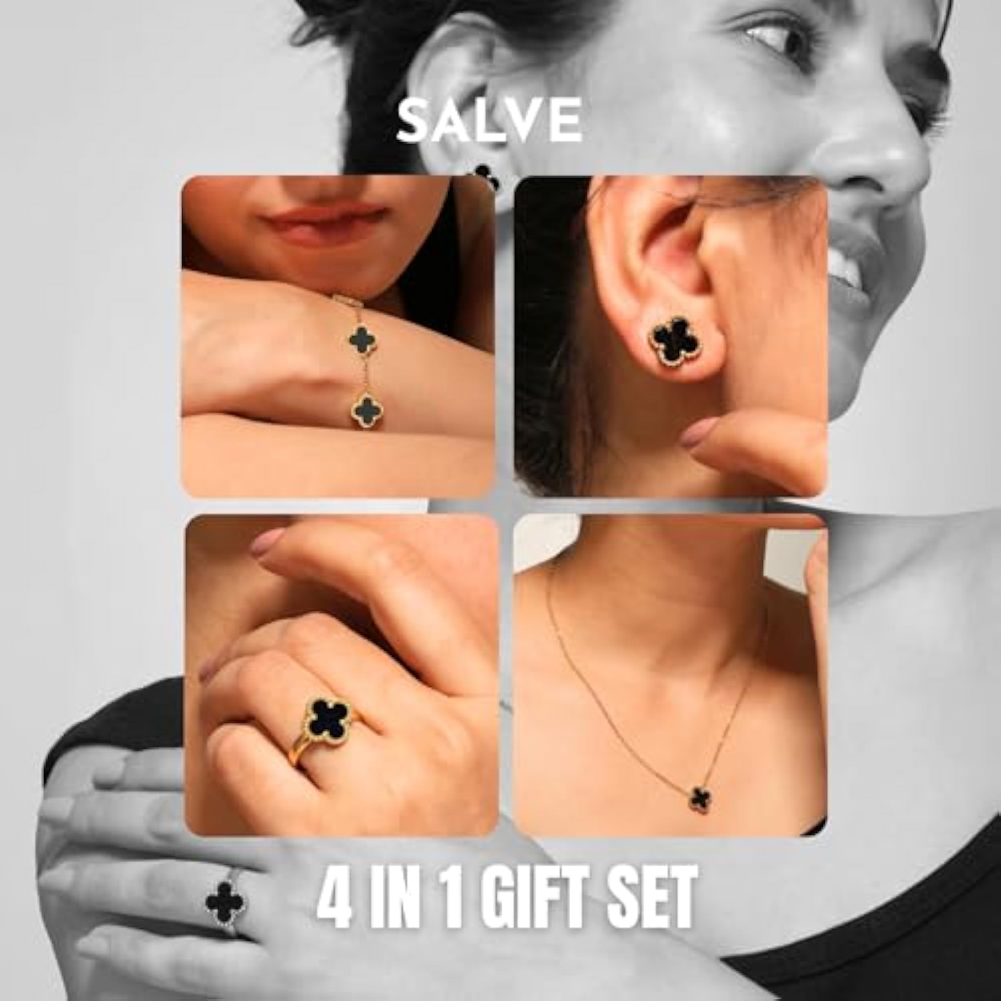 Aesthetic Black Clover Earrings Ring Bracelet Pendant Set