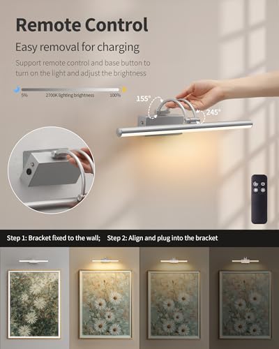 Image of KDG LED Cordless Wall Picture Light with Remote, 5200mAh Rechargeable Dimmable Art Lighting, Adjustable Swing Arm, Picture Frame Light for Gallery, Living Room, Hallway, 16.3 inch, Silver