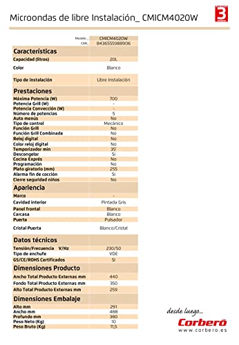 Corbero-CMICM4020W-Microondas-de-Libre-Instalacion-Cap-20-Litros-Color-Blanco-Potencia-700-W-Descongelar-5-Niveles-Potencia-Control-Mecanico-Temp-35-Min-Plato-Giratorio-255