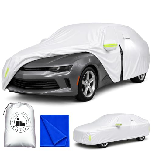 Image of Car Cover All Weather Custom Fit for Chevy Camaro Waterproof 10 Layers Full Cover Universal Heavy Duty Sun UV Rain Hail Protection with Driver Door Zipper Breathable Vents.