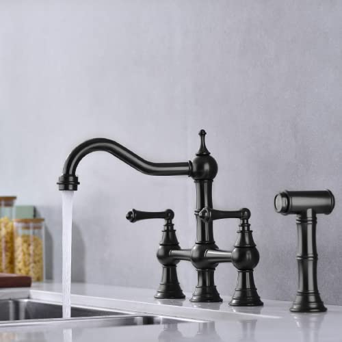 Bridge Kitchen Faucet With Side Sprayer And Two Handles, Deck Mount Solid Brass Hot Cold Water Faucet For Kitchen Sink, Matte Black #TOP1