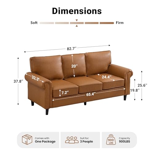 Image of Kingfun Faux Leather 3 Seater Couch, Mid Century Modern Sofa with Rolled Arms and Deep Seats, Fluffy Comfort for Living Room, Apartment, Easy Assembly, Brown