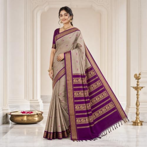 Image of Pure Kalyani Cotton Saree | Zari Border & Blouse Piece - Lata Gadwal Design | Traditional Saree