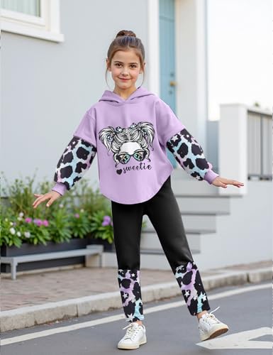 Image of Girls Fall Outfits Sweetie-girl Hoodie and Camo Pants Size 6-16 | Curved Hem Design,Skin-friendly Cotton Blend,for Daily School Playdates,Fall&Winter,Easy On & Off Pullover