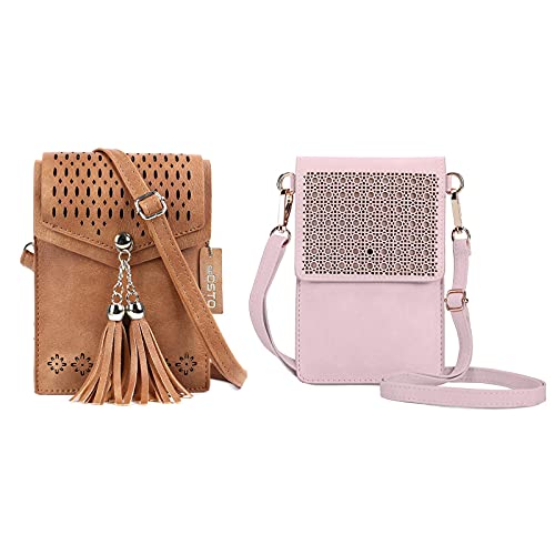 seOSTO Tassel Cell Phone Purse Holder Wallet, Light Rose Small Crossbody Purse Touchscreen Purse for Women