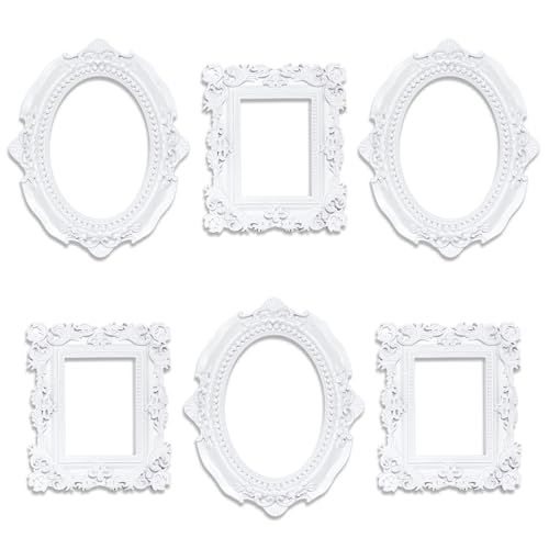 Image of 6 Pcs Mini Frames, White Small Vintage Picture Frames Antique Resin Photo Frame for DIY Craft Galley Wall Hanging Jewelry Display Shooting Photo Props Christmas Decor (Without Backings)