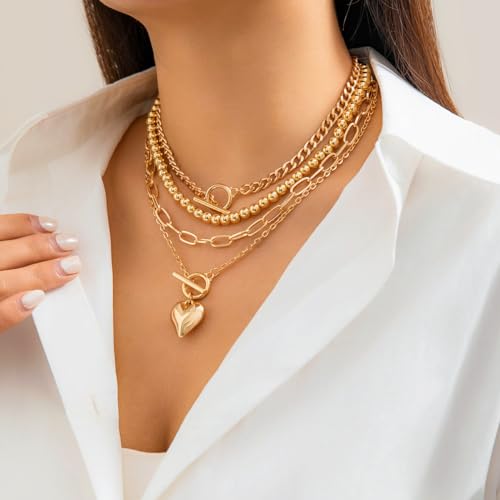 Otxas Layered Gold Necklace for Women Non Tarnish Chunky Gold Necklace Stack for Women Paperclip Chain Necklace for Women Retro Coin Medallion Heart Pendant Necklace Gold Jewelry Set4