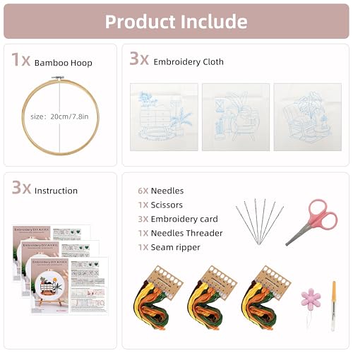 Image of KEKEMEOW 3 Sets Embroidery Kit for Beginners, Stitches with Black Cat and Furniture, Embroidery Stitch Practice kit for Craft Lover, Needlepoint Hand Embroidery Kit with Pattern、Instruction、Hoop