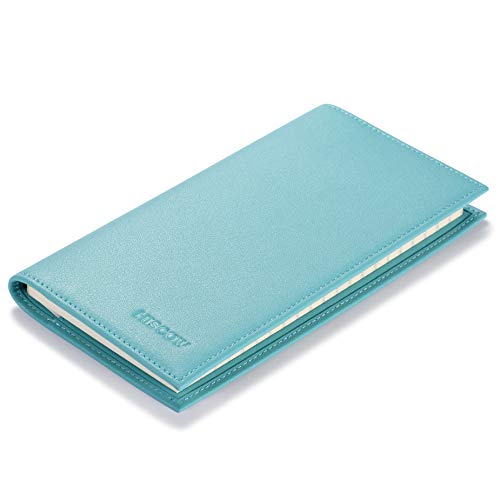 Image of HISCOW Slim Leather Checkbook Cover for Personal Checks, Premium Teal, One Size | Full grain cowhide, transaction register & check book pockets, removable duplicate divider, durable stitching, gifts for men