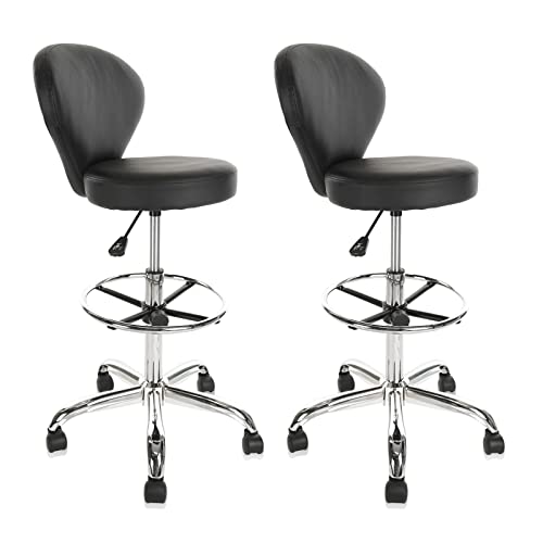 Image of KLASIKA Black PVC Faux Leather Drafting Chair Set of 2 Rolling Swivel Salon Stool with Back Support Foot Rest Adjustable Hydraulic Seat Height for Massage Facial Spa Medical Drafting Tattoo Beauty