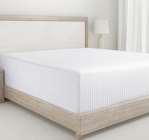 California Design Den Natural 100% Cotton Fitted Sheet Queen Size Only - Soft 400 Thread Count Sateen, Deep Pocket Queen Fitted Sheet, No-Pop Off Elastic, Cool and Durable - Striped White