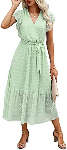 BTFBM Women Summer Bohemian Floral Casual Wrap V Neck Ruffle Cap Sleeveless Belt A-Line Pleated Hem Swing Midi Sun Dress (Swiss Dot Light Green, l)