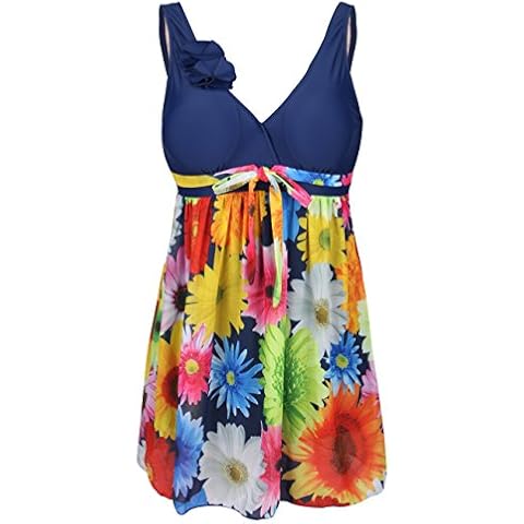 Uhnice Women's Plus Size High Waist Skirted Swimdress Retro Printed Tankini - Blue - Small Cover