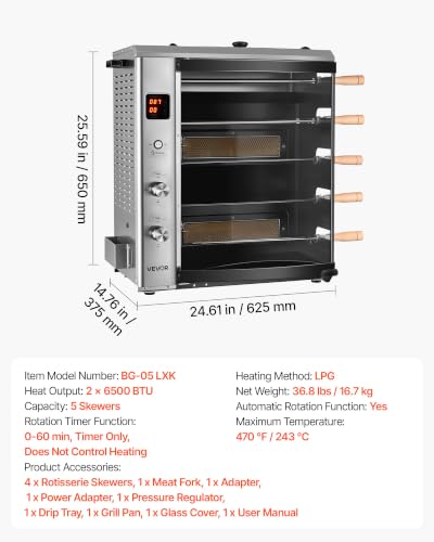 Image of VEVOR Countertop Vertical Oven Brazilian Flame 5 Auto Rotating Skewers | for Steak, Fish, Lamb Leg, Outdoor Gas Heating Rotisserie Shawarma Machine, Meat Kebab Grill, with Curved Glass Door
