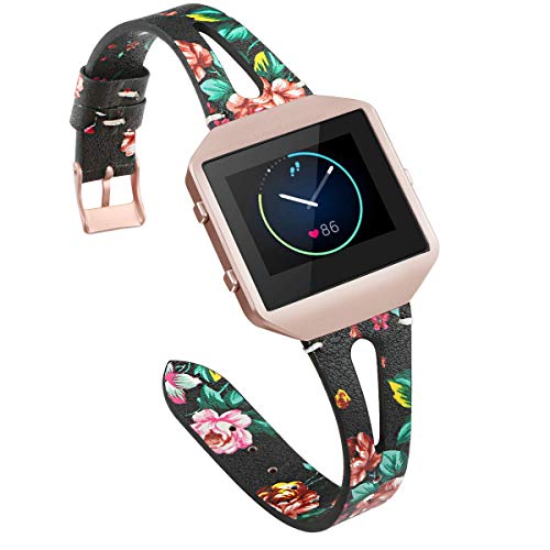 YiJYi Leather Bands Compatible with Fitbit Blaze,Slim Band with Metal Frame Replacement Sport Strap Wristband for Women Men (Black/Red Floral)