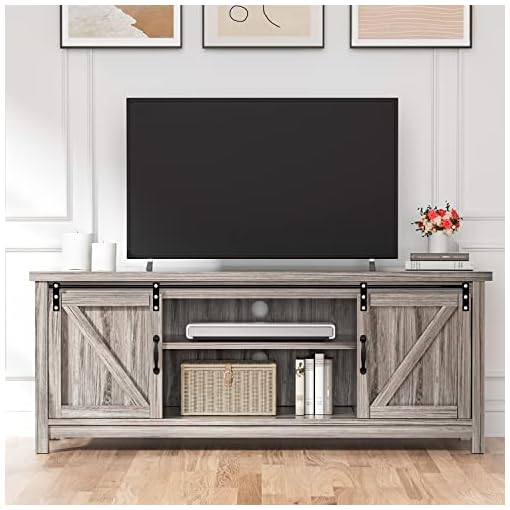 Catrimown Farmhouse TV Stand for 65 Inch TV, Grey TV Stand with Sliding Barn Door Entertainment