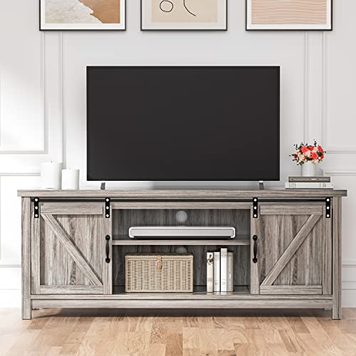 Catrimown Farmhouse TV Stand for 65 Inch TV, Grey TV Stand with Sliding