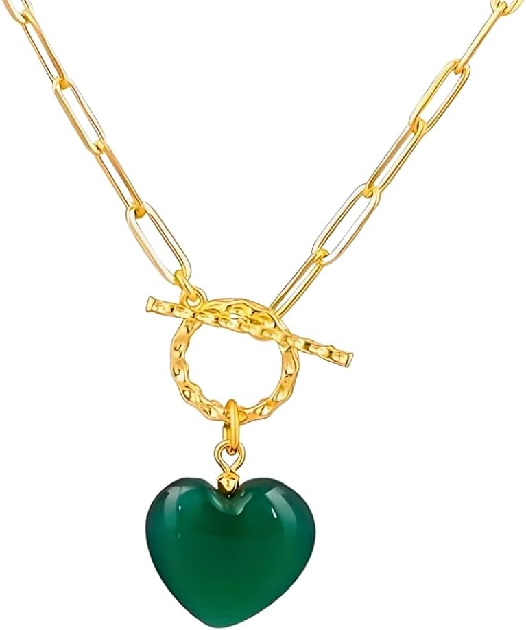 Gempires Gemstone Heart Front Toggle Necklace for Women with gold Paperclip Chain, Toggle Clasp Jewelry for Women, Gift for Her