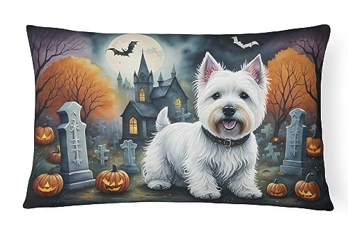 Caroline's Treasures DAC2058PW1216 Westie Spooky Halloween Fabric Decorative Pillow Machine Washable, Indoor Outdoor Decorative Pillow for Couch, Bed or Patio, 12HX16W