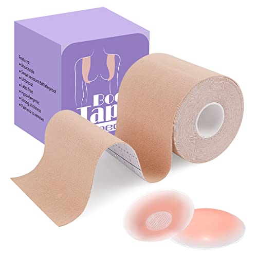 Laneco Boob Tape Breast Lift Tape For A-E Cup, Athletic Tape & Body Tape Suit For Sporting And Working, Breathable Push Up Tape Beige #TOP25