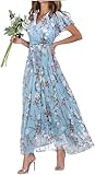 Barley Direct Women's Chiffon Floral Maxi Dress - Summer Elegant Boho Long Flowy Dresses Ruffle Sleeves V Neck Vacation Beach Outfit Wedding Guest Engagement Cocktail Party(X-Large)