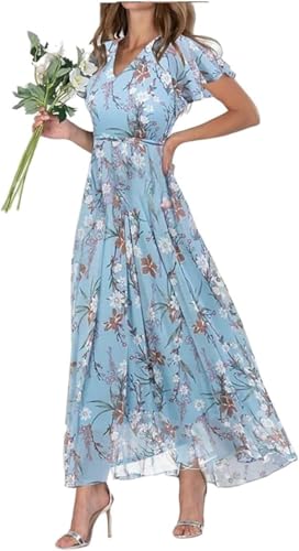 Barley Direct Robe longue en mousseline de soie pour femme – Robe d'été élégante de style bohème, manches à volants, col en V, tenue de plage, invitée de mariage, fiançailles, cocktail, fête, 1