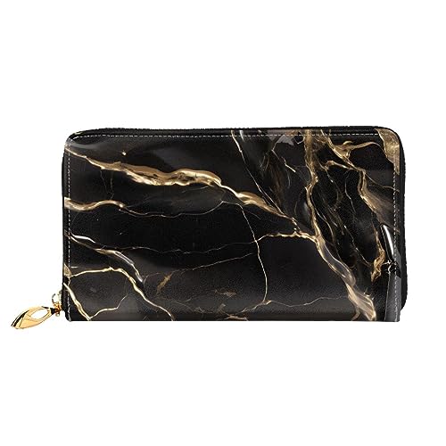 Portefeuille fermeture éclair femme noir marbre doré chic