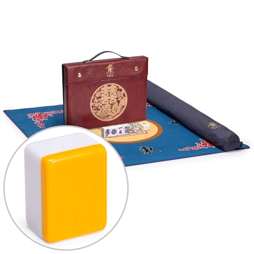 Yellow Mountain Imports Mahjong Bundle - Professional Chinese Mahjong Game Set, â€œDouble Happinessâ€ (Yellow) and Blue 31.1-inch Table Cover