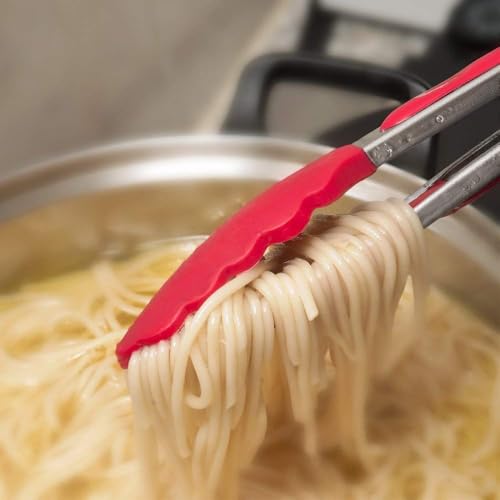 Image of Baskety Tongs Non-Stick Stainless Steel Silicone Kitchen Food Cooking Tongs Basting Oil, Sauce Brush Set for Grilling BBQ and Cooking Utensils (9 Inch Red with Brush)
