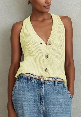 Image of Womens Button-Front Sweater Vest Top V Neck Sleeveless Knit Tank Fitted Halter Raceback Cardigan Vest