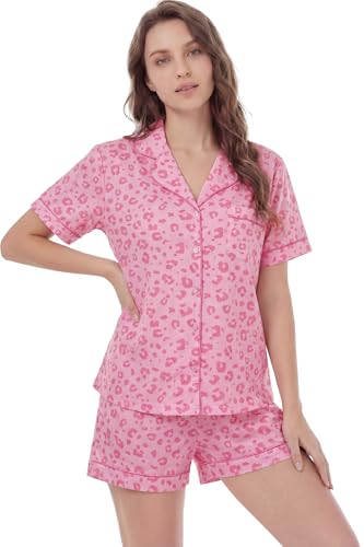 Image of LUBOT 100% Cotton Pajamas for Women 2 Piece PJ Set Button-Down Soft Knit Short Sleeve Summer Sleepwear Loungewear XS-XXL