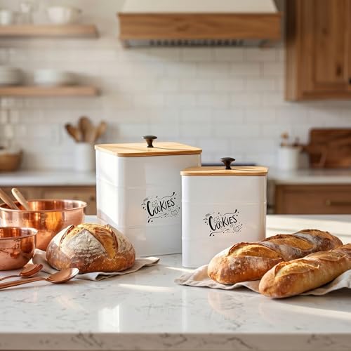 Image of Goaste 2 Sizes Metal Cookie Jars with Lid, 101 & 54 OZ White Candy Cookie Tins, Decorative Food Storage Containers, Vintage Cookie Canister with Wide Opening for Kitchen Counter, Pantry, Gift Giving