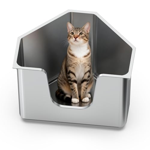 Stainless Steel Corner Cat Litter Box Metal Litter Box with High Sided One-piece Corner Cat Toilet No Assembly Required Non-Stick No Odor Kitten Litter Pan Easy to Clean for Small Medium Cats