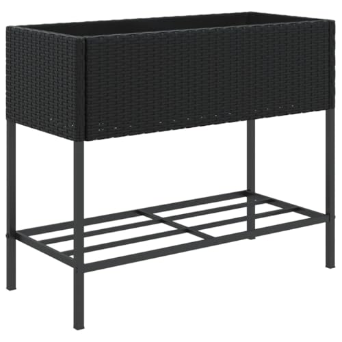 vidaXL Jardinière avec étagère Noir résine tressée, jardinière d'extérieur, bac à Fleurs, bac à tomates, jardinière de terrasse, bac à Pommes de...