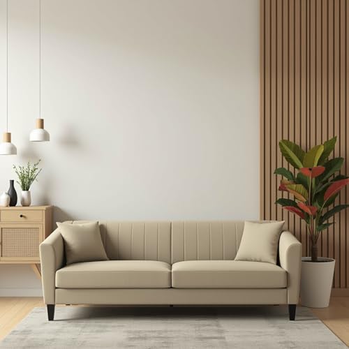 Image of Avion Natalia 3 Seater Velvet Sofa for Living Room|Beige| Luxury Plush Fabric Couch, Modern Comfortable Upholstered Sofa, Premium Home Furniture Lounge Seating