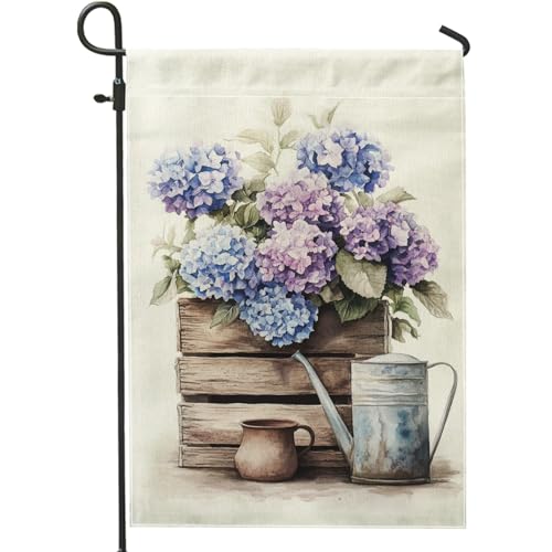 Bandera de jardín de hortensias de verano, decoración floral azul y violeta, bandera de arpillera de doble cara para decoración al aire libre para fiesta de jardín, 12 x 18 pulgadas