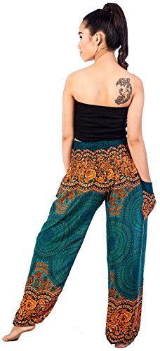Lofbaz Women's Smocked Waist Rose Flower Boho Pants One Size Teal Green #TOP1